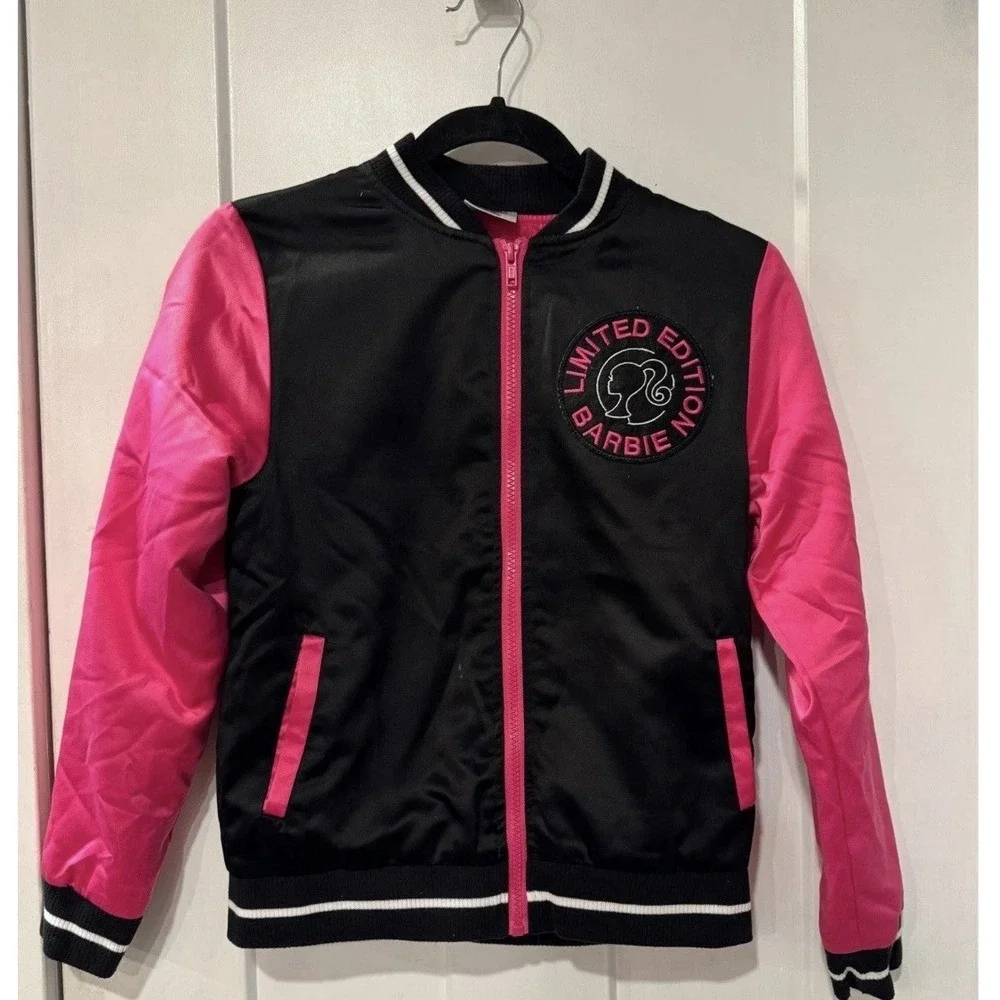 Barbie Limited Edition Bomber Jacket Pink Black Satin Graphic Print Youth XXL 18